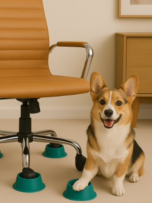 Happy dog next to a desk chair